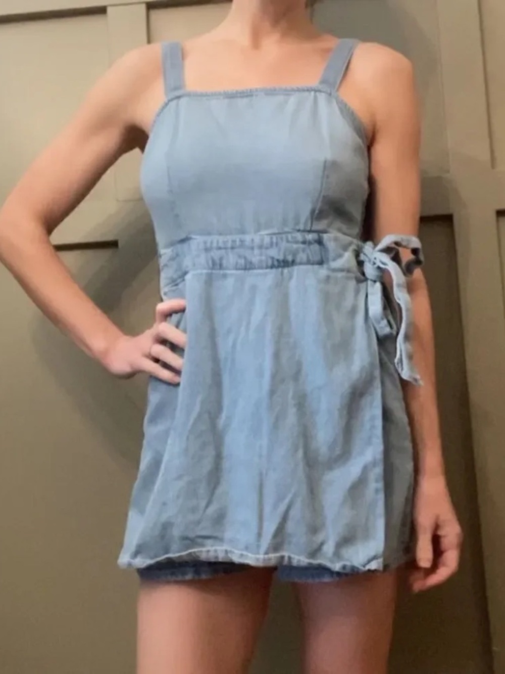 Sincerely Jules Square Neck Smocked Denim Chambray Romper Light Blue Small